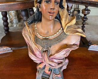 Beautiful Art Deco Art Nouveau Orientalist bust sculpture of an Egyptian Woman. Polychrome detailed painted plaster composition sculpture. Stamped CB makers mark. In the style of Friedrich Goldscheider. 