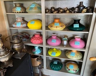 Antique reverse paint lampshades, slag glass, cased glass, and more!