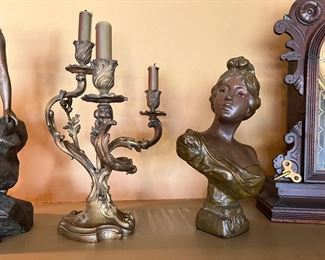 Antique Art Nouveau candelabra and bust of a woman