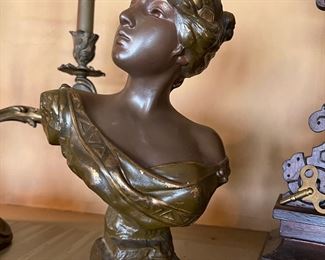 Antique spelter parlor statue of a beautiful young woman wearing ancient Greek inspired dress, titled "Circe" (the Greek sorceress) 