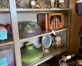 Antique glass shades, clocks, and radio