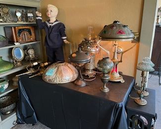 1930s mannequin boy and antique lamps