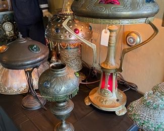 Art Nouveau Secessionist Brass and Multicolored Faceted Glass Stones Table Lamps, both kerosene and electric 