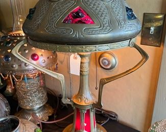 Art Nouveau Secessionist Brass and Multicolored Faceted Glass Stones Electric Table Lamp with illuminated base- in great working condition. An amazing find!