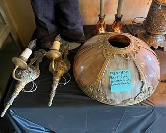 Gorgeous antique bent slag paneled glass shade, and art nouveau candelabra style lamps. 