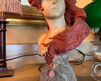 Vintage painted bust statue of woman with vibrant red hair, titled Velleda, inspired by the original design by Alfred Jean Foretay. 
