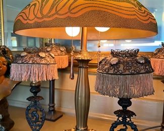 Antique lamp in working condition with unique shade, and set of 4 antique candelabra with fringe shades