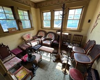 Great selection of vintage and antique dining chairs, accent chairs, armchairs, and foot stools