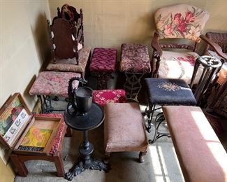 Great selection of vintage and antique dining chairs, accent chairs, armchairs, and foot stools