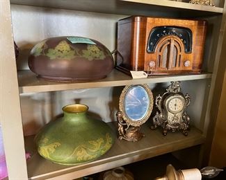 Antique glass shades, clocks, and radio