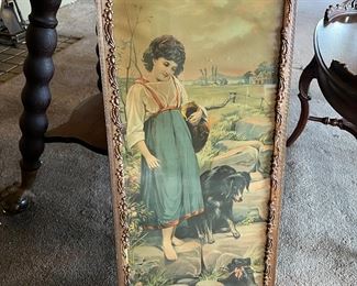 Antique late 1800s advertising print by the Great Atlantic and Pacific Tea Company, featuring a girl and her two dogs in a nature setting. 