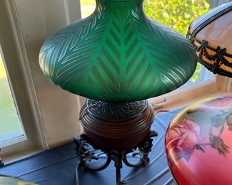 Gorgeous and rare antique B & H Duplex (Bradley and Hubbard) Kerosene Lamp with beautiful vibrant green glass shade. Wow! 