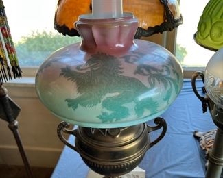 Antique B&H (Bradley and Hubbard) kerosene lamp with wonderful green and purple or pink shade with wonderful Chinese lions