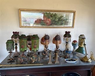 Amazing selection of antique candelabras with beaded shades and covers (including antique Czechoslovakian glass)