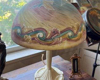 Absolutely gorgeous reverse painted lamp shade and antique lamp in cream color. 