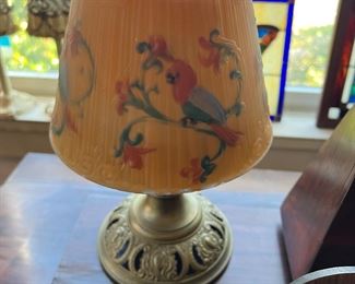 Wonderful antique B&H lamp with lovely reverse painted glass shade featuring tropical birds and flowers.  Dated patent Aug 20 1889 to July 1 1890. 