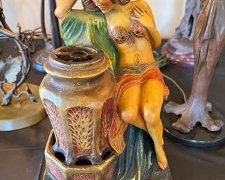 1928 Motion Lamp and incense burner with original plastic multicolor spinner (it's wired, but bulb inside doesn't turn on, probably needs to be replaced). Beautiful woman gazing into the magical urn, like a fortune teller. Martin Novelty Co, Los Angeles, CA. 