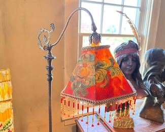 Gorgeous Antique electric floor lamp with beautiful red and floral shade with antique beaded fringe