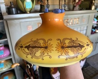 10 inch Tam O Shanter Lamp Shade attributed to Handel. Glass kerosene shade featuring a yellow, orange, and brown floral design. 