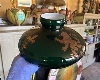 Antique 10 inch Tam O Shanter Cased Green Glass with gold painted Chinese Lion and Fleur de Lis design