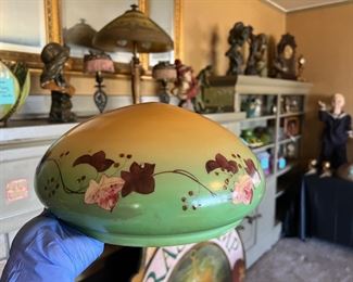 10 inch Antique Mushroom Glass Shade for electric lamp, featuring a lovely green, pink, and yellow floral design. 