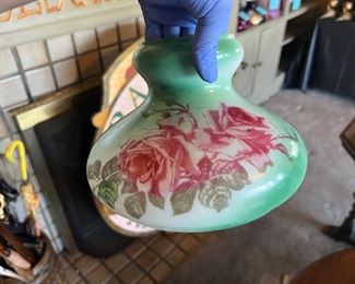 7 inch Antique Kerosene Shade with beautiful pink red roses against a green and white background