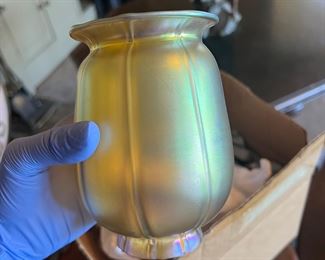 Gold Aureen Iridescent Glass Tulip Lamp Shades (Pair); resembles similar designs by Quezal Art Glass, Steuben, Tiffany and Lustre Arts