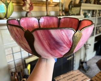 Antique Curved Slag Glass Flower Paneled Shade in White and Maroon Purple Pink Colors