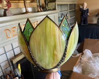 Antique Green Slag Glass Paneled Lotus Flower Kerosene Lamp Shade