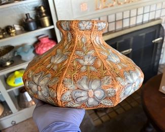 10 inch Embossed Kerosene Lamp Shade featuring blue flwoers against an orange background