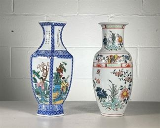 (2PC) HAND-PAINTED CHINESE VASES | Decorated with colorful floral patterns and scenes from China with Chinese text. - h. 12.5 x dia. 7 in