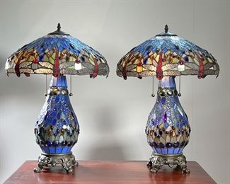 (2PC) DRAGONFLY LEADED GLASS LAMPS | Pair of leaded glass lamps with Dragonfly decoration. - h. 26 x dia. 16.5 in (Lamp H. Shade Dia)