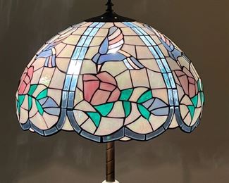 LEADED GLASS FLOOR LAMP | Cast metal base with spiraling stalk and beautiful hand-made leaded glass lamp featuring birds. - h. 61.5 x dia. 19.5 in