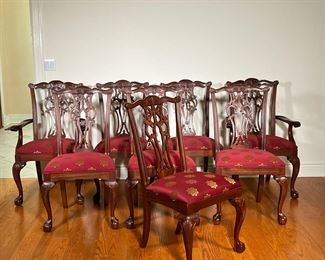 (8PC) CHIPPENDALE STYLE CHAIRS | Chippendale style dining chairs, including two arm and six side chairs, ball and claw feet and fancy carved backrests, with burgundy and gold fabric upholstered seats. - l. 25 x w. 18 x h. 39.5 in (Arm Chair)