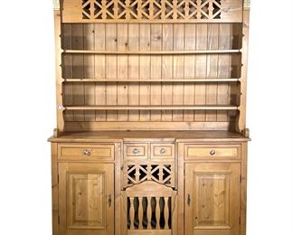 FRENCH STYLE CUPBOARD | Custom Made French Style Cupboard with unusual Chicken Coop Pen. Natural wood finishes with 2 doors and 2 drawers underneath open shelves. - l. 63 x w. 17.5 x h. 82 in