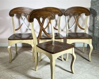 (4PC) PIER ONE FRENCH COUNTRY CHAIRS | Pier One Country Chairs Finished seat and backrest. Legs and back support painted in a sand color. - l. 20 x w. 18.5 x h. 39 in (Seat Height 18)