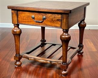 LILLIAN AUGUST INLAID SIDE TABLE | Dark wood end table with spindle legs, crosshatched inlaid top design with bottom shelf and pullout drawer. - l. 28 x w. 24 x h. 24 in