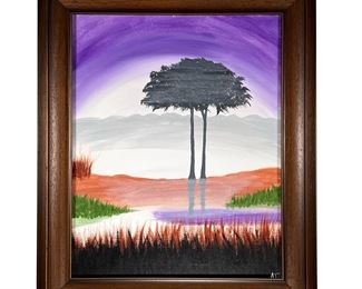 OIL PAINTING OF TREE BY POND | Oil Painting signed AJB Tree by Pond. - l. 20.25 x h. 24.5 in (With Frame)