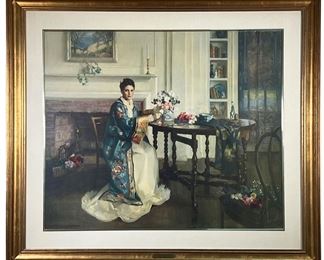 BLUE KIMONO BY MARGARET PEARSON | Print Blue Kimono in Gold Frame with Brass Artist tag. - l. 38.5 x h. 33 in