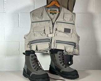 (3PC) ORVIS FLY FISHING VEST, WADERS & BOOTS | Includes: Orvis Vest XL Orvis Waders XL Orvis Wading Boots size 13.