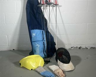FENCING EQUIPMENT | Includes: 1 Sabre, 3 Foils, mask, gloves, and breastplate in large fencing bag.