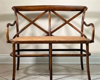 BENTWOOD BENCH WITH WOVEN CANE SEAT | Bentwood Bench with X backrest. Woven Cane Seat. - l. 39.5 x w. 21 x h. 35.25 in