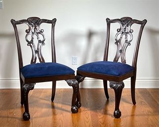 (2PC) ETHAN ALLEN SIDE CHAIRS | Pair of Chippendale-style carved wood chairs, Ethan Allen, with dark blue fabric upholstered seats, ball and claw feet, and carved acanthus knees. - l. 23.5 x w. 19 x h. 40 in