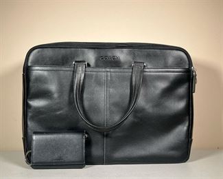 COACH LEATHER BAG & WALLET | New with tag, black leather computer bag with multiple pockets and large strap included, comes with a black leather Coach wallet. - l. 16 x w. 5 x h. 12 in