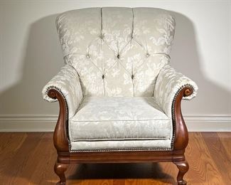 BROYHILL FRENCH STYLE ARMCHAIR | Broyhill Armchair with cream damask upholstery. - l. 36 x w. 40 x h. 40 in