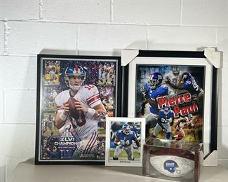 (4PC) NY GIANTS FOOTBALL LOT | Wilson 1993 Giants Football with facsimile signatures with Original Box; Calvin Tomlinson Autographed Photo; Giants XLVI Super Bowl Champions Poster Jason Pierre Paul Poster. - l. 22.5 x h. 26.5 in