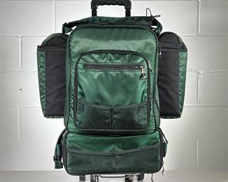 INSULATED PICNIC BAG WITH FULL PICNIC SET | Includes: 2 large insulated pockets for food, 2 large side pockets that can fit 4 bottles of wine, glasses, or other drinks, front pocket with 8 plates, 4 sets of utensils, 2 glasses (w/ capacity for 4), small cutting board & cheese knife, salt & pepper shakers, decorative wine stopped and wine opener. All set on rolling frame, main section can be removed from frame and carried independently. - l. 22 x w. 14 x h. 26 in