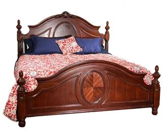 CARVED MAHOGANY KING BED | Fancy wood king bedframe with contrasting inlay and shell carvings; sold with a Beautyrest king-size mattress. - l. 90 x w. 81 x h. 63 in (overall)