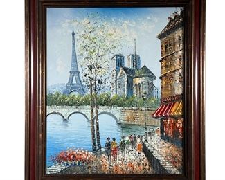BURMAN EIFFEL TOWER OIL PAINTING | Framed oil of Paris scene with the Eiffel Tower. Signed Burman. - l. 26 x h. 29.5 in (w/frame)