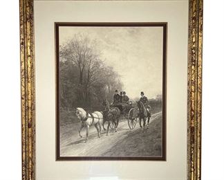 CARRIAGE PRINT | Showing a horse-drawn carriage and man on horseback traveling down country road, 16 x 20 in. (Sight). - w. 26 x h. 30 in (frame)
